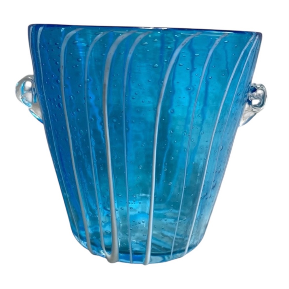 Vintage Murano Venini Hand Blown Ice Bucket Blue White Handles Italy